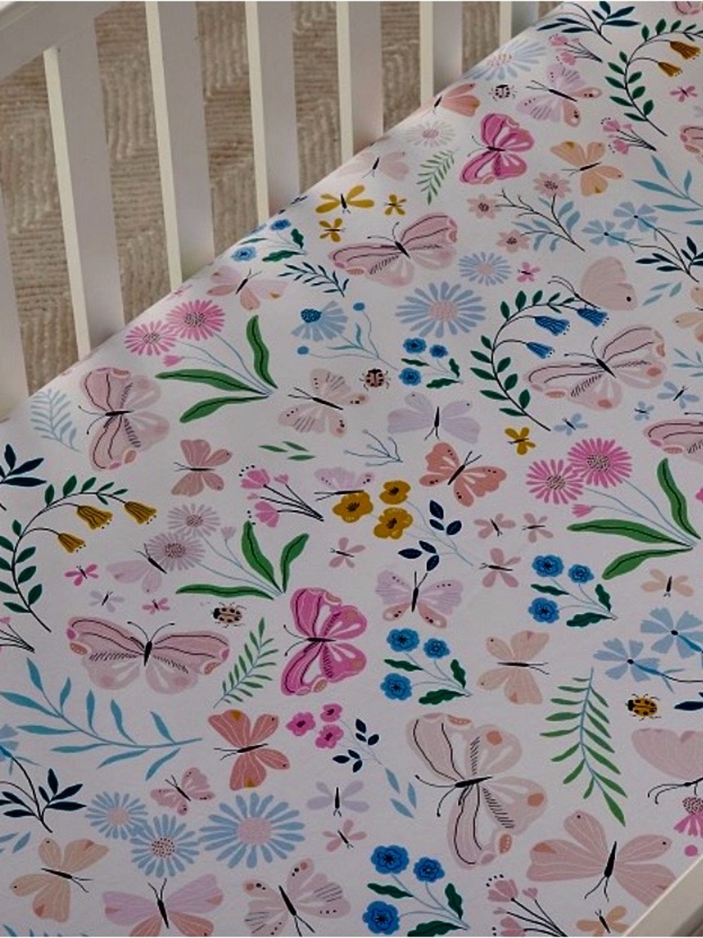 Pottery Barn Kids Butterfly & Floral Crib Sheet - Pink, Blue & Green